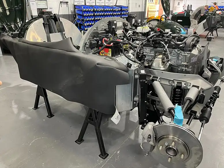 Morgan Super 3 vehicles under construction at the Morgan factory in Malvern Link, England, in 2022.